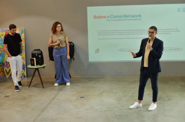 Sócios Fundadores no lançamento da Comú, da direita para a esquerda, Rafael Lincoln, Jéssica de Paula e Cádmo Binttencourt