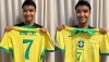 Pedro Severino posa com camisa autografada por Vini Jr.
