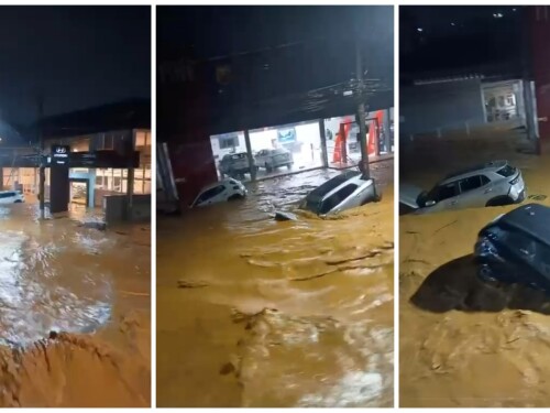 Em Ubá, enxurrada leva frota de carros de concessionária; veja