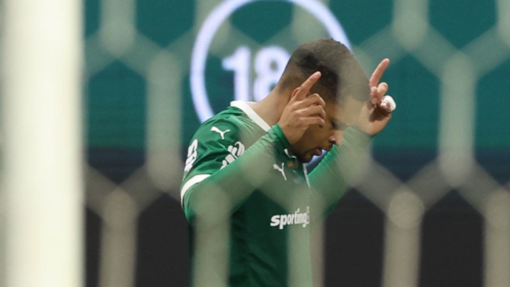 Vitor Roque comemora gol pelo Palmeiras no Brasileirão de 2025