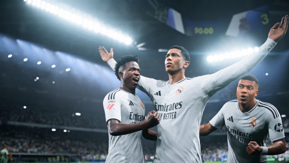 Vinícius Júnior, Jude Bellingham e Kylian Mbappé, todos do Real Madrid-ESP, em imagem do EA Sports FC 25
