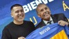 Juan Román Riquelme (esq), presidente do Boca juniors, e o técnico Russo (dir)