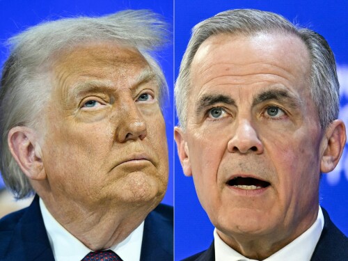Montagem com imagens de Trump e Mark Carney em Davos