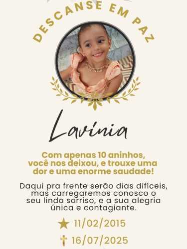 Lavínia Freitas de Oliveira e Souza, de 10 anos morreu nesta quarta-feira (16).