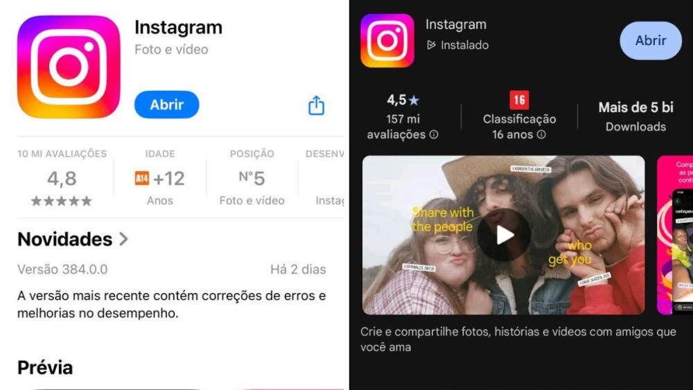 Classificação indicativa do Instagram não foi mudada na Apple Store (esquerda), mas não na Play Store (direita)