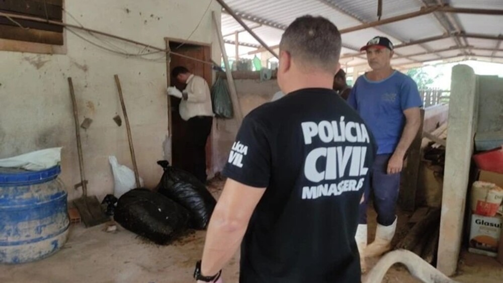 Foto mostra policial civil investigando propriedade na zona rural de Muriaé (MG)