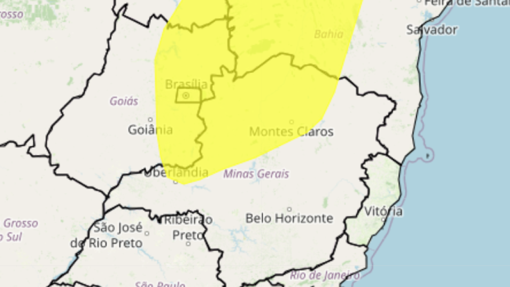 Mapa com área em amarelo para demarcar cidades sob alerta de vendaval